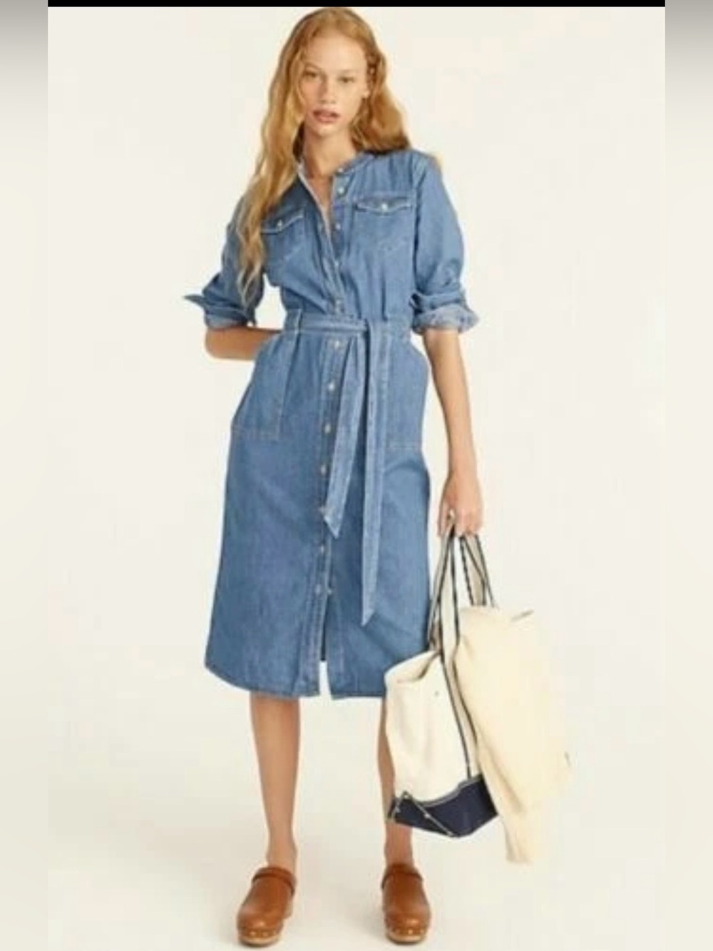 J.Crew western indigo midi button down tie waist shirt dress 100% cotton 4 small